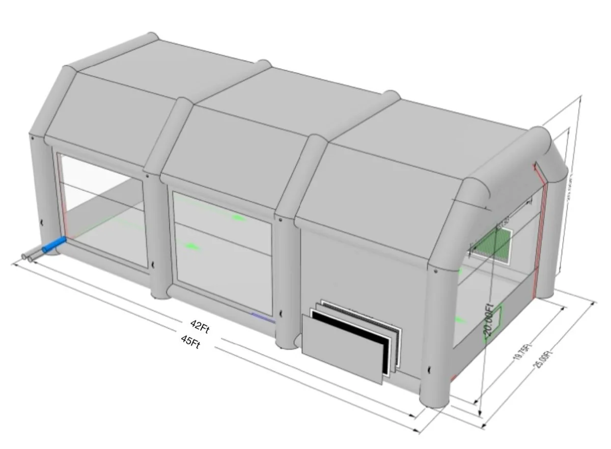90×25×21FT Custom Inflatable Paint Booth — 3D Engineering Render