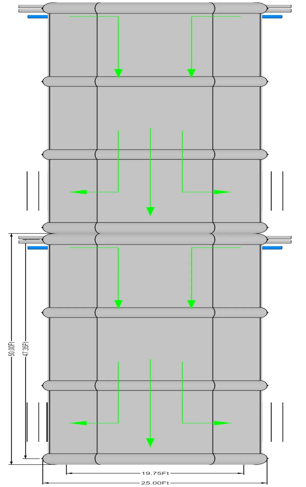 Combined 2-Booth Airflow Diagram — Separate Inflation and Filtration Blowers