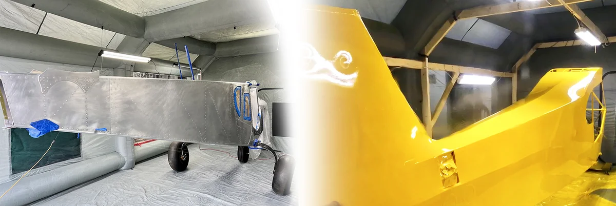 Aircraft before and after painting — bare metal prep (left) vs mirror-finish gloss yellow (right) inside Sewinfla booth
