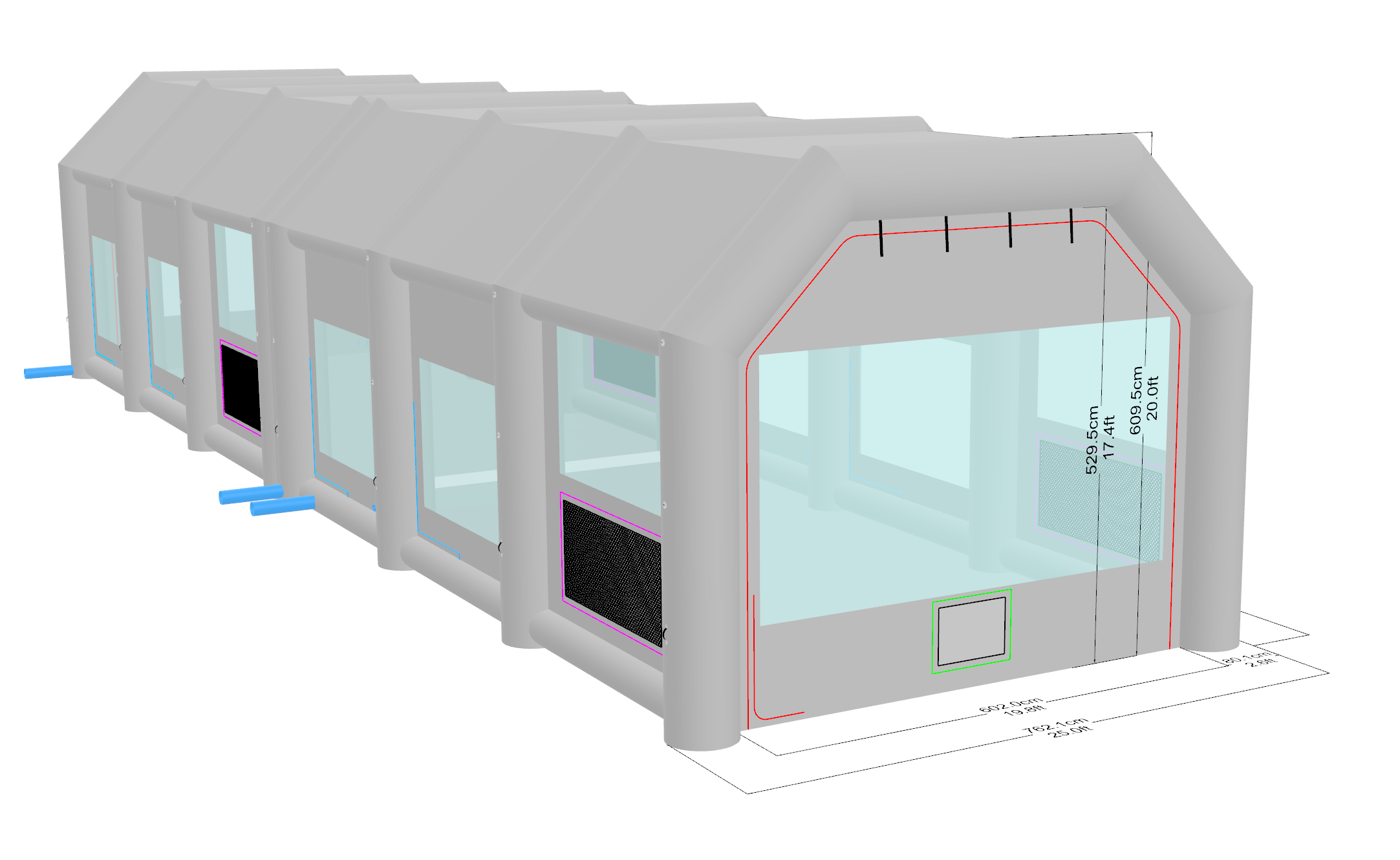 CAD design rendering of the 90×25×21Ft spliced PVC air-beam paint booth — two 45ft sections joined for a continuous 90ft railroad car painting workspace
