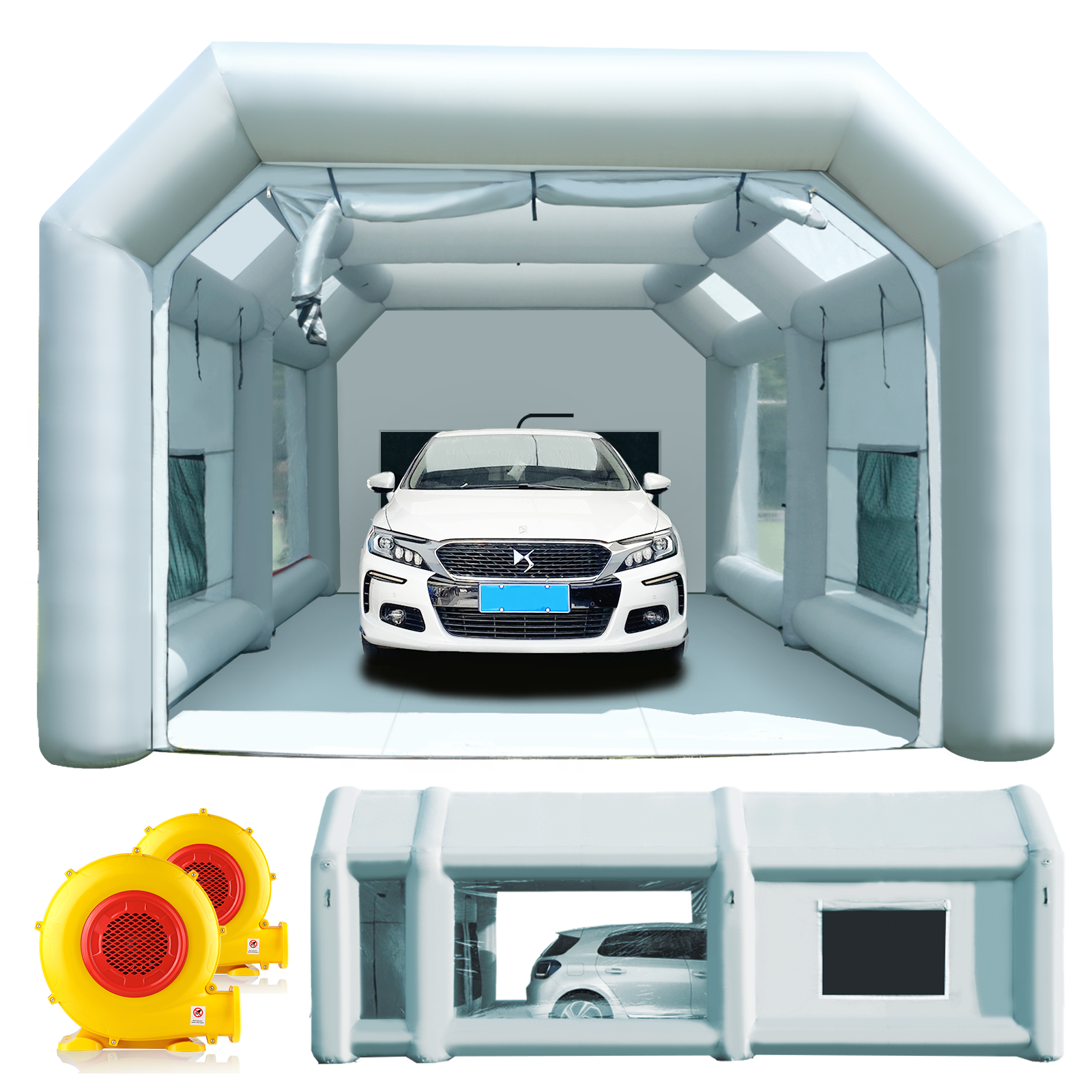 blower multiple views of 26x15x10ft inflatable paint booth